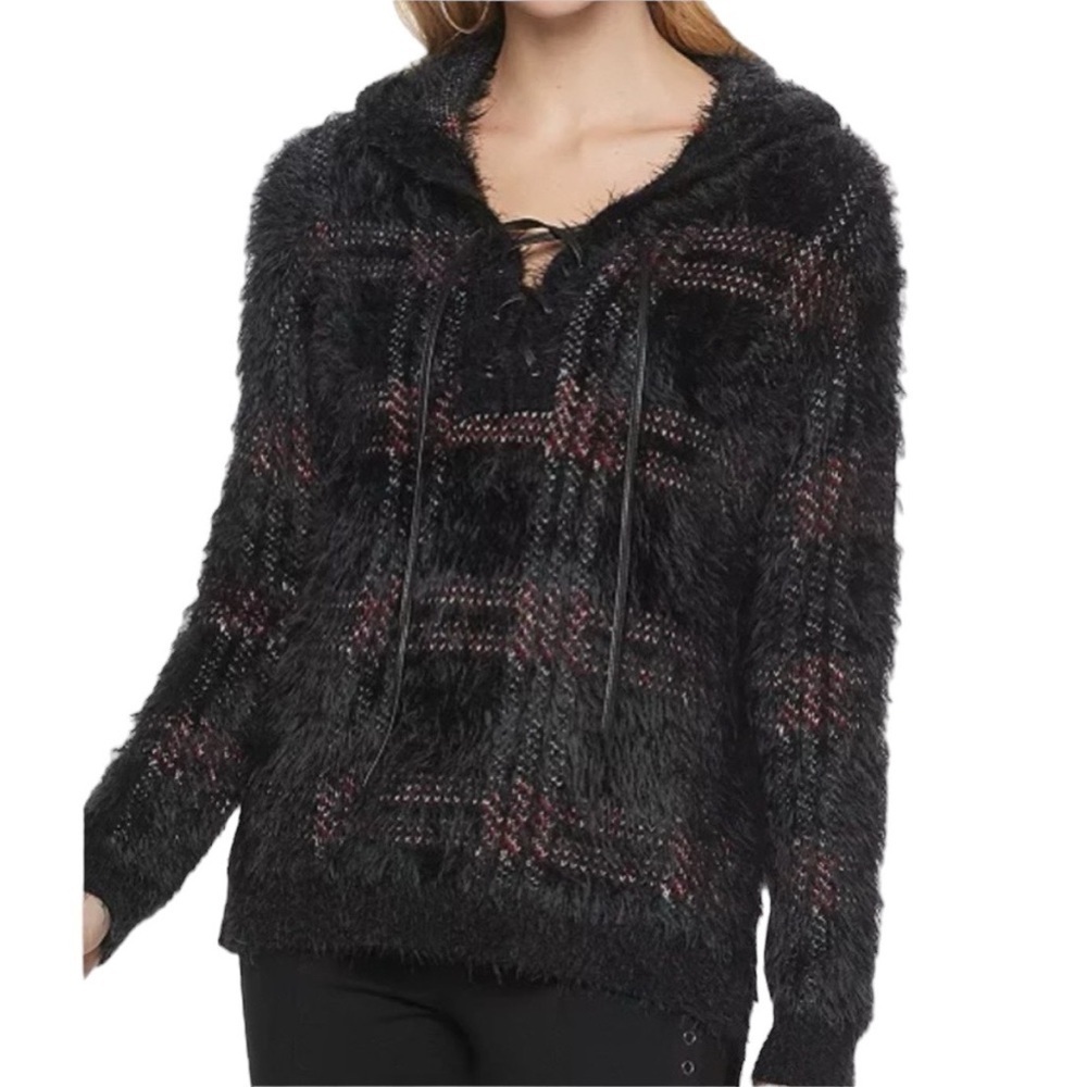 ROCK & REPUBLIC L/S Plaid Hooded Tunic Eyelash Sweater in Blk/Red Size XL - Picture 1 of 9
